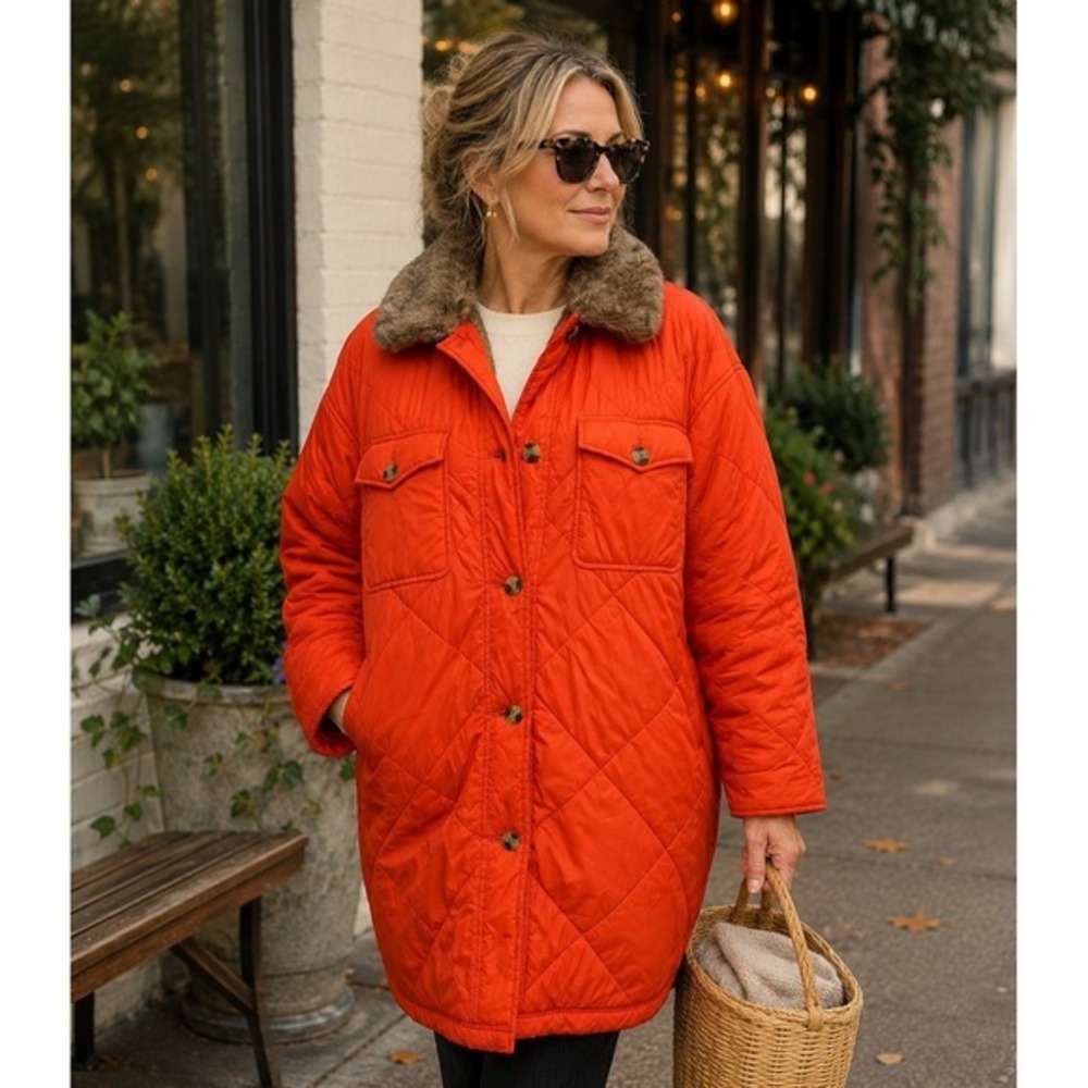 Aerie Orange Quilted Barn Jacket Faux Fur Collar Button Front Coat Medium